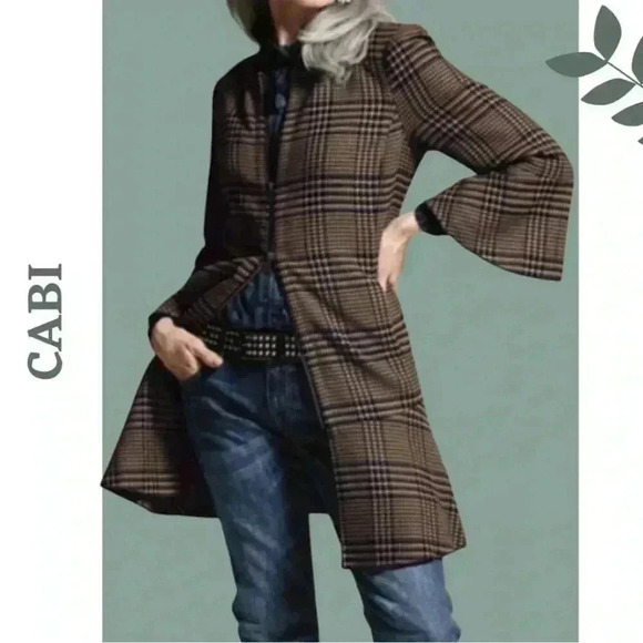 Cabi Flounce Jacket Brown Navy Plaid Zipper Front Scoop Neck Size Small - Picture 1 of 7